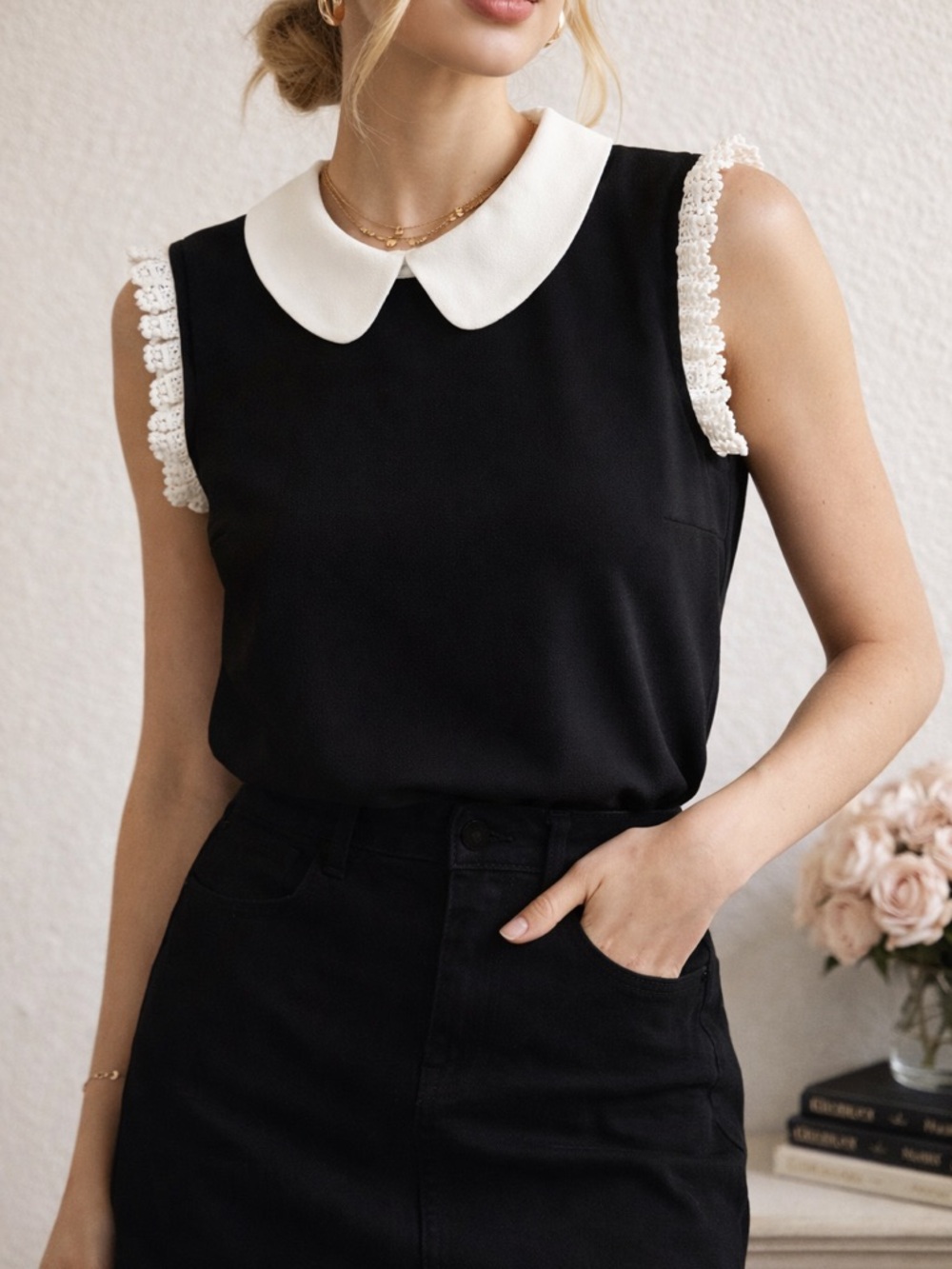 Coquette Black Peter Pan Collar Lace Trim Blouse Preppy Chic Top size M